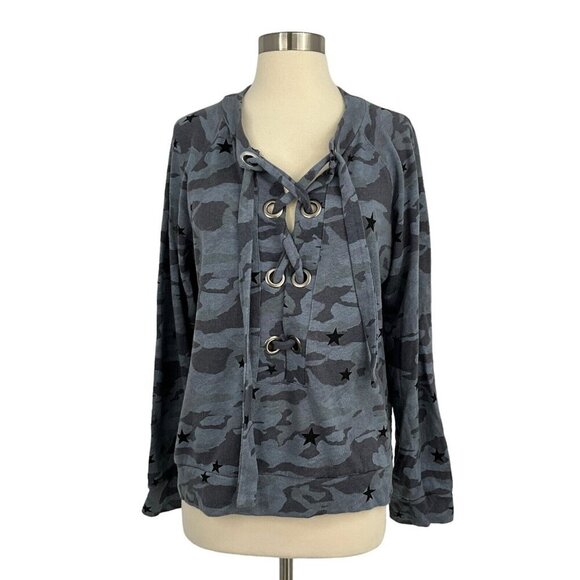 Monrow Size L Grey Star Camo Top Lace Up Long Sleeve Casual Terry Sweatshirt - Picture 1 of 11